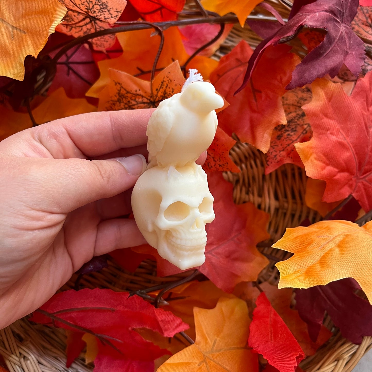 Candela a forma di teschio con corvo