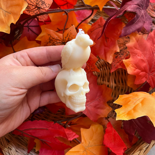 Candela a forma di teschio con corvo