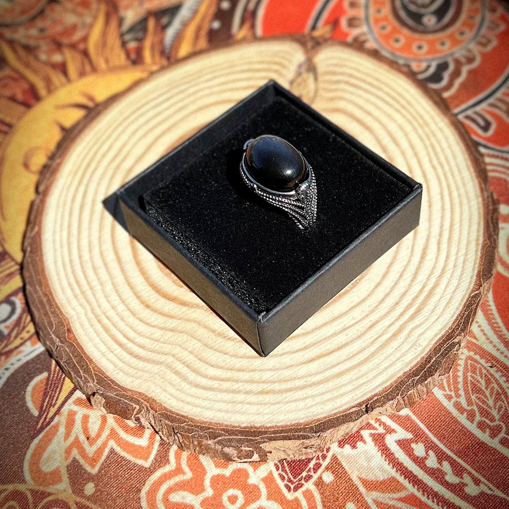 Anello orizzontale in ossidiana argentata